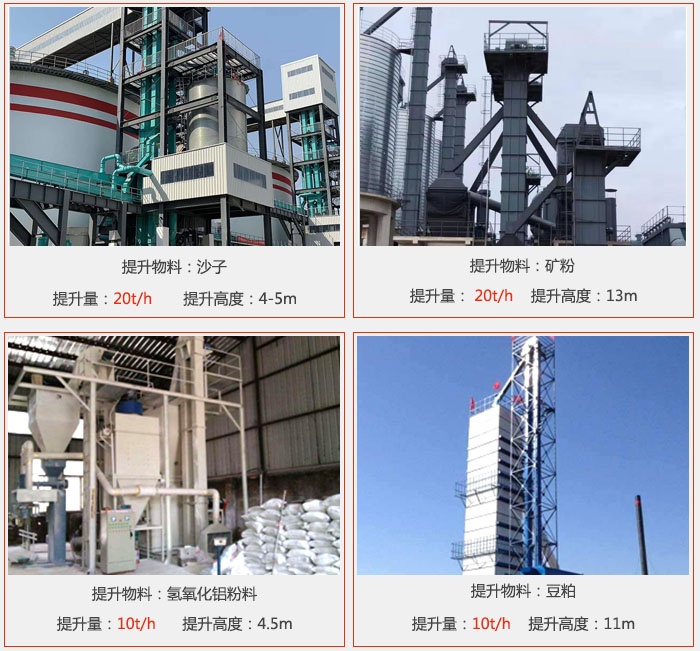 斗式提升机用户使用现场图片：提升沙子提升量：20t/h提升高度：4-5m提升物料：矿粉提升量：20t/h提升高度：13m提升物料：氢氧化铝粉料 提升量：10t/h提升高度：4-5m提升物料：豆粕提升量：10t/h提升高度：11m